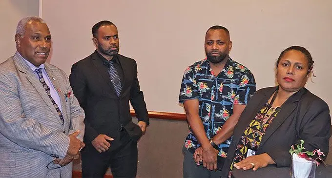 The controversy surrounds the Minister for Justice Siromi Turaga (left), Deputy Director of Public Prosecutions John Rabuku (third from left) and Fiji Independent Commission Against Corruption Commissioner Barbara Malimali (right). They were pictured here with a guest at the Grand Pacific Hotel during the welcoming ceremony of the Ministry of Justice Japanese delegation. Photo: Ministry of Justice