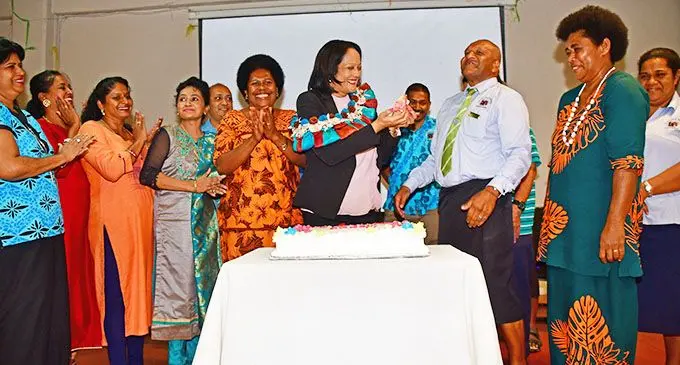 Minister for Education, Heritage and Arts Rosy Akbar (seventh from left) with some teachers and heads of schools during World Teacher’s Day celebrations at the Fiji National University Natabua Campus in Lautoka on October 4, 2019. Photo: DEPTFO News