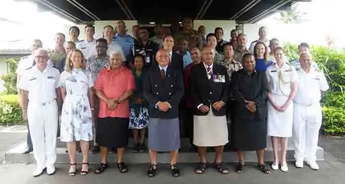 Front second from left: New Zealand High Commission acting head of mission, Michelle Podmore, Prime Minister Voreqe Bainimarama, President Major-General (Ret’d) Jioji Konrote, Speaker of Parliament Ratu Epeli Nailatikau, Minister for Defence Inia Seruiratu, New Zealand Defence Adviser to Fiji, Commander Sarah Bamfield with defence and security personnel and representatives from Diplomatic Missions at the Official Residence on March 27, 2021 . Photo: New Zealand High Commission