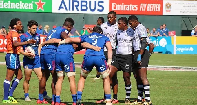 Fiji Airways Fijian 7s team playing against USA in Dubai.  Photo: Gabby Abariga 