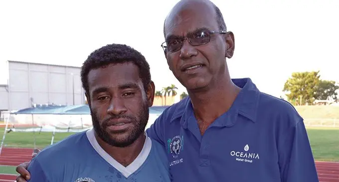 Lautoka FA president Abdul Kadar with former player Valerio Nawatu Photo: Fiji FA Media