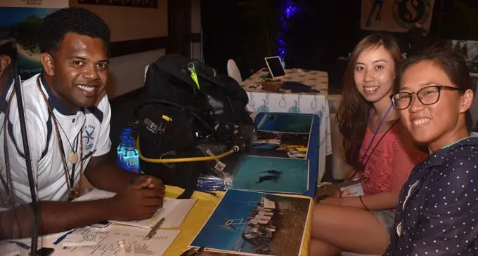 Castaway Island Resort Sales and Marketing manager Meli Titoko and buyes Wu Yi and Amanda Lam at the Dive Expo 2018 at the Sheraton Fiji Resort on Denarau yesterday. Photo:WAISEA NASOKIA