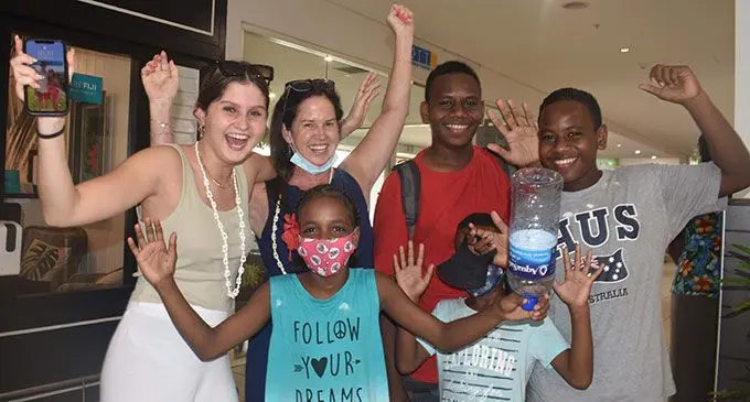 Standing at the back (from left) are Tara Cook, Babi Cook, Michael Cook and Max Cook. In the front is Mackenzie Cook at the Nadi International Airport arrival lounge. Photo: Mereleki Nai