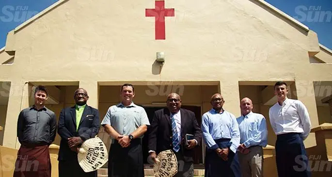 From left: Xavier Vasta, Tamavua Circuit Minister Reverend Mosese Seruiratu, John Anderson, Roko Tui Colo Ratu Apenisa Kalokalo Loki, Mikaele Dreu, Scott Middlemis and Adam Philbey after their welcome service at the Tamavua Village Methodist Church on April 11, 2021. Photo: Leon Lord