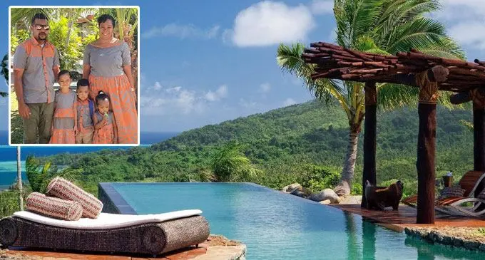 Inset: The Lomaloma family, Ilai and his wife Talei with their children, Selai, Ratu Rusiate and Beulah. One of the many scenes at COMO Laucala Island - 5 Star Luxury Private Island Beach Resort.