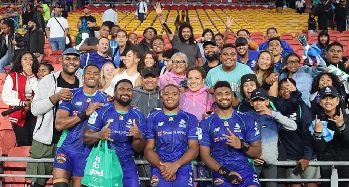 Swire Shipping Fijian Drua players (left-right) Kitione Ratu, Mesulame Dolokoto, Tevita Ikanivere, Isoa Nasilasila with fans at Suncorp Stadium in Brisbane, Australia, on April 9, 2022. Photo: Fijian Drua