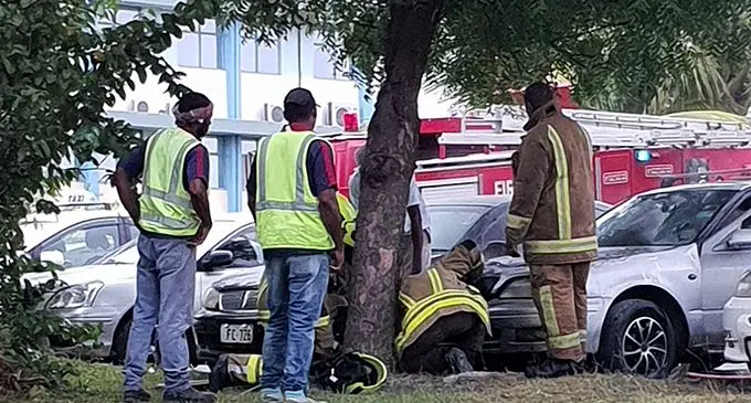 The car that caught fire outside the Nadi Police station.