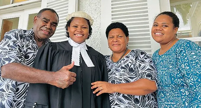 From left: Father Joeli Sauqaqa, daughter Ruby, wife Karalaini and niece Laite outside the Grand Pacific Hotel in Suva on April 5, 2024. Photo: Beranadeta Nagatalevu