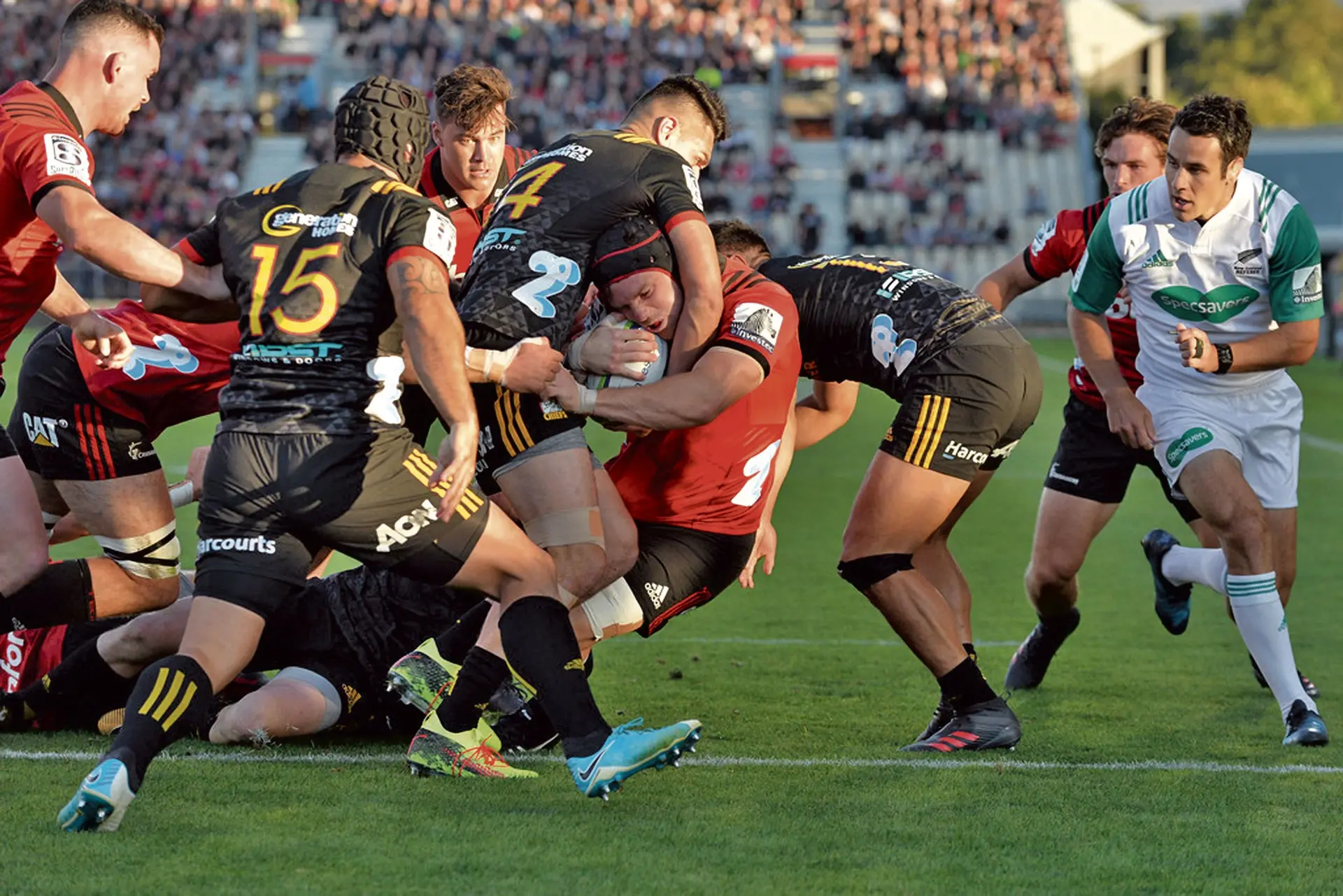 Matt Todd of the Crusaders dives over to score a try against Chiefs during round two of the Super Rugby clash at AMI Stadium in Chirstchurch, New Zealand on February 24, 2018. Photo: Zimbio