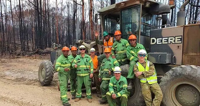 Republic of Fiji Military Forces Commander Rear Admiral Viliame Naupoto (wearing green helmet), with some Fijian and Australian soldiers near Orbost Town in Victoria, Australia, on February 7, 2020. Photo: RFMF Media Cell