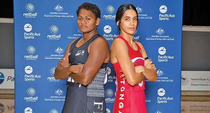 From left-right: Fijian Pearls captain Alisi Naqiri and her Tongan counterpart Peti Talanoa in Sydney, Australia. Photo: Netball Tonga.