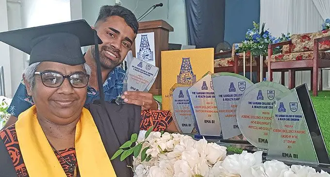 Ema Bi, with her son Enayat Ali, received six awards in the Postgraduate Diploma in Nursing Leadership and Management programme during the graduation at the Civic Centre in Labasa on December 10, 2024. Photo: Shratika Naidu