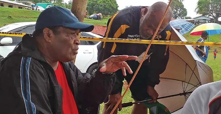 From left: Reverend Jioji Rinakama in a discussion with Emori Katalau during the Ra rugby trials at Ra Sports ground on May 20, 2023. Photo: Ra Rugby