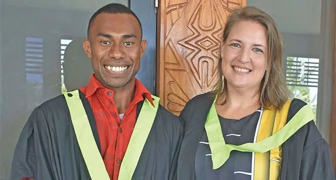 Neori Frances Ravuso with Head of Conservatorium of Dance, Sachiko Soro after his graduation at the Sofitel Fiji Resort and Spa in Nadi on December 3, 2021.