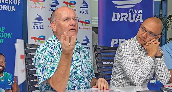 From left: Fiji Drua chief executive officer Mark Evens and TotalEnergies Fiji’s managing director Dennis Michael Cuaycong at Walu Bay, Suva on February 7, 2024. Photo: Leon Lord