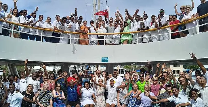 Staff, friends, families of Captain Cook Cruises farewell their oldest expedition cruise MV Reef Endeavour. Photo: Waisea Nasokia