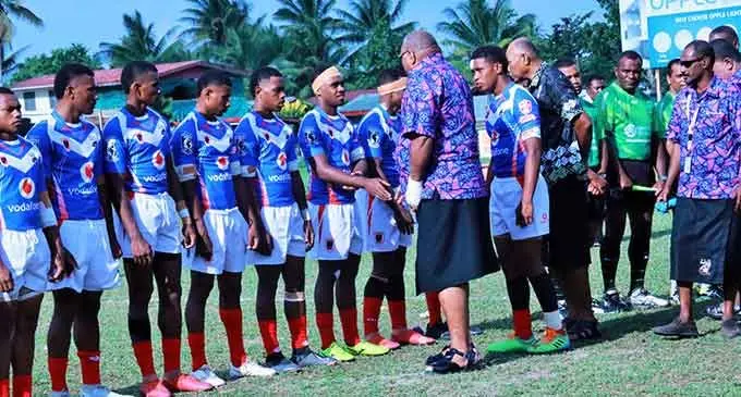 President Ratu Wiliame Katonivere greets Ba Provincial Free Bird Institute Secondary School Under -18 rugby league team at Ratu Cakobau Park on July 2, 2022. The team is now focused on the Deans competition. Photo: FSSRL/Lako Yani Media