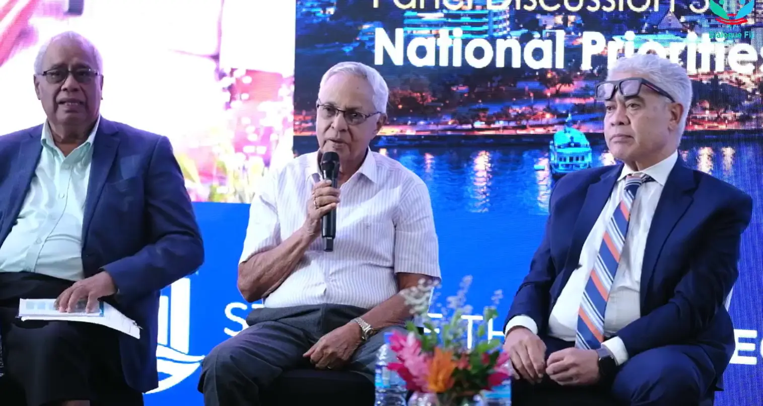 From left: Unity Fiji Leader Savenaca Narube, Fiji Labour Party leader Mahendra Chaudhry and panel moderator Jon Apted during a panel discussion during the Dialogue Fiji State of the Economy discussions in Suva on June 10, 2026.