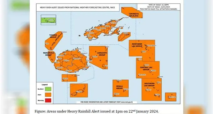 Figure: Areas under Heavy Rainfall Alert issued at 1pm on 22nd January 2024