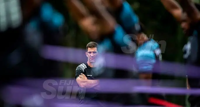 Fiji Airways Fijian 7s head coach Gareth Baber monitors the players during their training run at the Fraser Tech Rugby Club ground in Hamilton, New Zealand on January 22, 2020. Photo: Bruce Southwick/ Zoom Fiji
