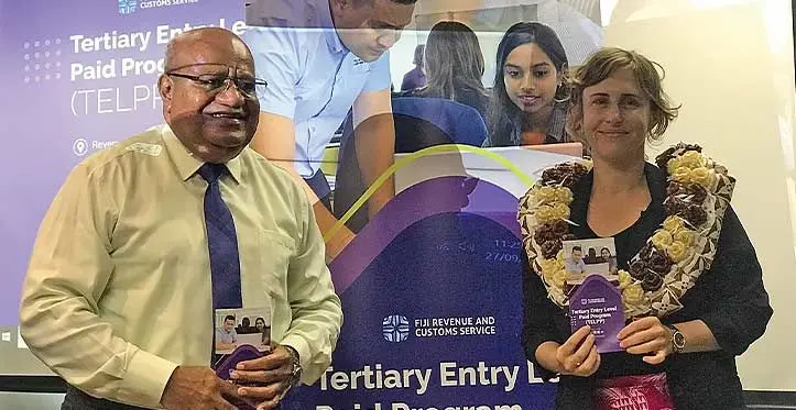 From left: Fiji Revenue and Customs and Service acting chief executive officer Malakai Naiyaga and the First Secretary Governance at the Australian High Commission in Fiji Rebecca Brown officiating the launch of Tertiary Entry Level Paid Programme at the Fiji Revenue and Customs Service office in Suva on September 27, 2023.