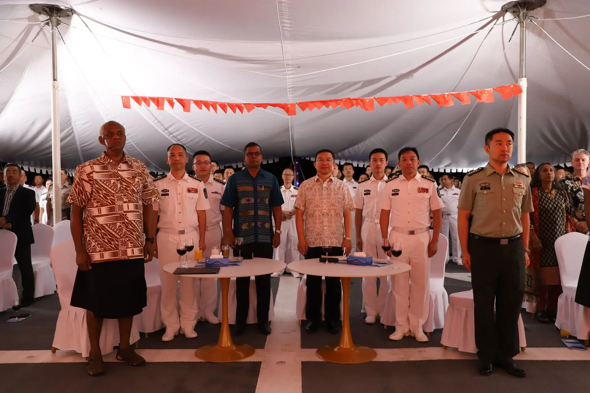 From left: Minister for Defence Pio Tikoduadua, Deputy Prime Minister Biman Prasad (fourth from left) and Chinese Ambassador to Fiji Zhou Jian (fifth from left) and senior military officers on board the Chinese naval ship, Ark Silk Road.  