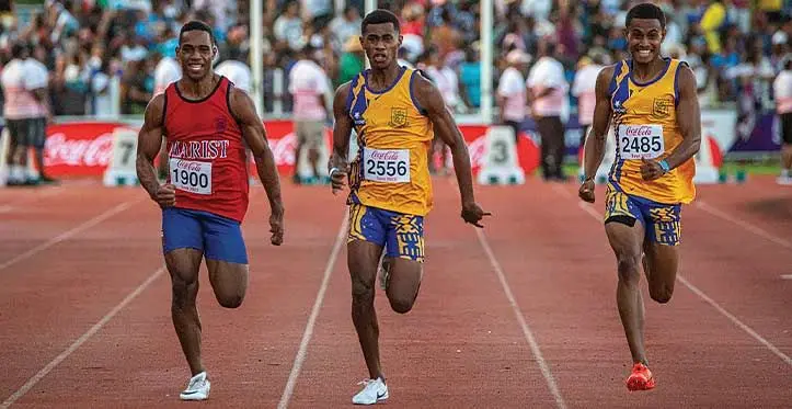 From left: Mesulame Tuigau of Marist Brothers High School, Suva Grammar School’s Semesa Caginivalu and Alipate Vuiwakaya during the Coca-Cola Games senior boy’s 100m final at the HFC Bank Stadium in Suva on April 28, 2023. Caginivalu won gold, Vuiwakaya took silver while Tuilau claimed the bronze medal. Photo: Leon Lord