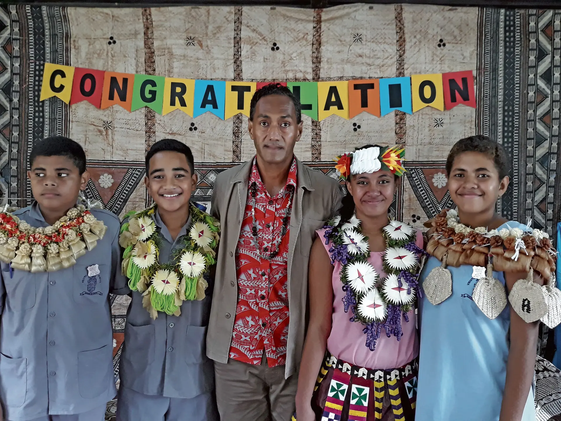 From left: Deputy headboy Tevita Vocea, headboy Immanuel Vaurasi, Prefect coordinator (Teacher) John Emosi, headgirl Faith Inia and deputy headgirl Laisani Tunidau. Photo: Shirika Shalini