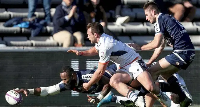 Fiji Airways Flying Fijians centre Semi Radradra scores the first try for Bordeaux against Edinburgh in the European Challenge Cup in France on January 12, 2020. Photo: Bordeaux Begles