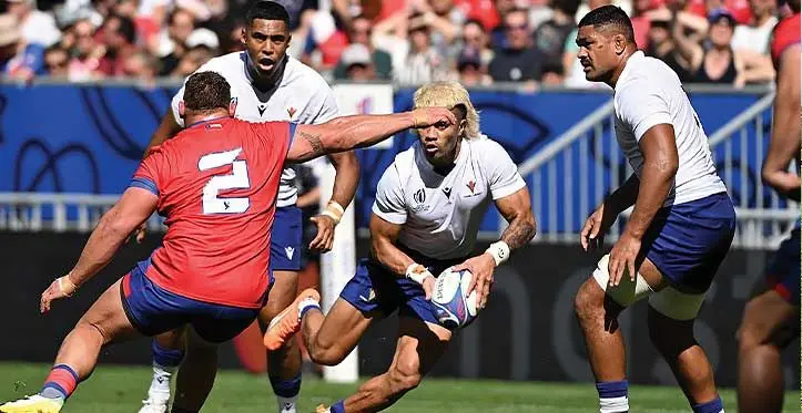 Samoan halfback Jonathan Taumateine on the attack against Chile during their clash in the Rugby World Cup on September 16, 2023. Photo: Rugby World Cup.