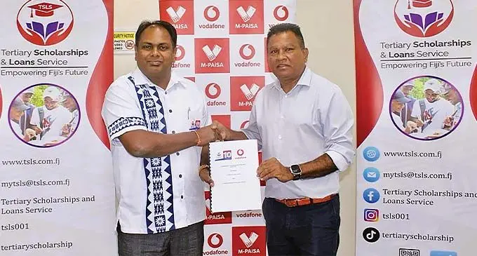 From left; Tertiary Scholarships and Loans Service chief executive officer Hasmukh Lal and Vodafone Fiji head of eCommerce and Digital Financial Services, Shailendra Prasad.