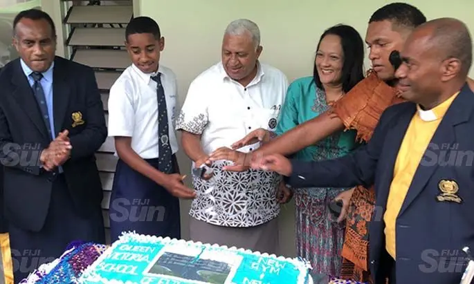Prime Minister Voreqe Bainimarama and Minister for Education Rosy Akbar with Queen Victoria School principal Sakiusa Taginasedrau (left), school chaplain Josaia Betomakita (right) and two students at the school in Matavatucou, Tailevu on July 9, 2020. Photo: Inoke Rabonu