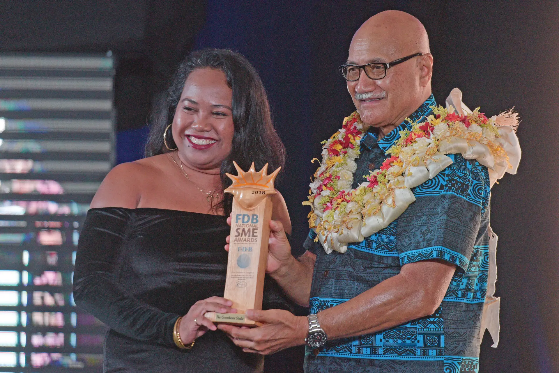 Maria Ronna Luna of the The Green Stadio receive her  Women Entrepreneur of the year award from President Jioji Konrote during FDB National SME awards at Grand Pacific Hotel on February 28, 2019. Photo: Ronald Kumar.