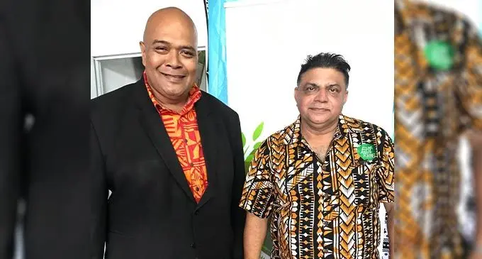 Commissioner Northern Uraia Rainima (left) with Fiji Rice Limited  board chairperson Raj Sharma in Labasa on September 10, 2022.  Photo:Shratika Naidu