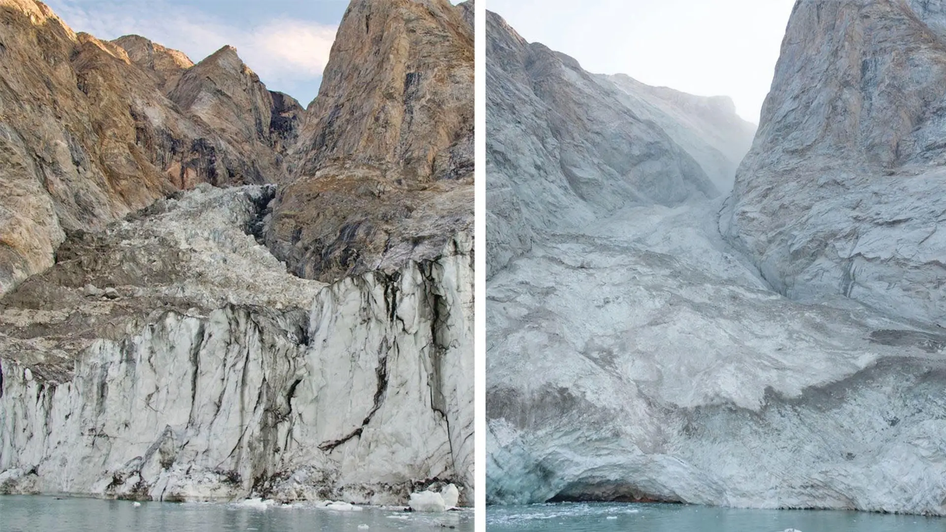 Mountain peak above Dickson Fjord before (left) and after the landslide. Photo: PA