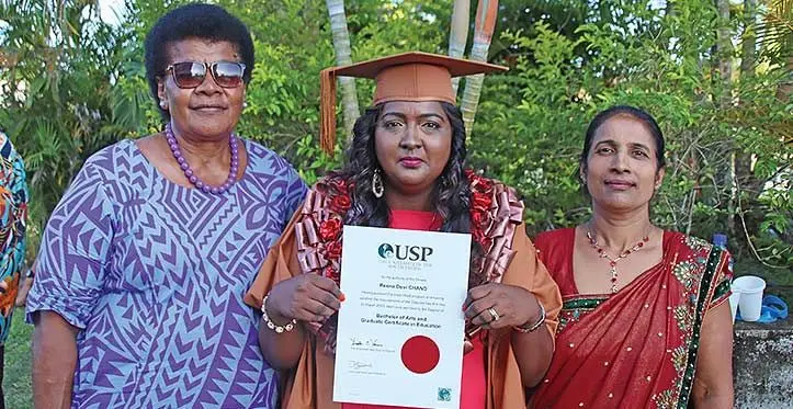 From left: Wata Cavuiqalita(aunt), Reena Chand and mother-in-law, Sunita Laln after the University of the South Pacific graduation ceremony at the Vodafone Arena on March 30, 2023. Photo: Josefa Babitu