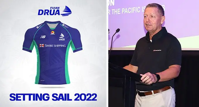 Alex Pattison (right), Regional Manager of Pacific, Swire Shipping, at the Fijian Drua jersey launch (left) and sponsorship naming at the Grand Pacific Hotel on November 17, 2021. Photo: Ronald Kumar