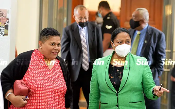 SODELPA MP, Taniya Waqanika (left) with Education Minister Premila Kumar outside Parliament on February 9, 2022. Photo: Ronald Kumar.