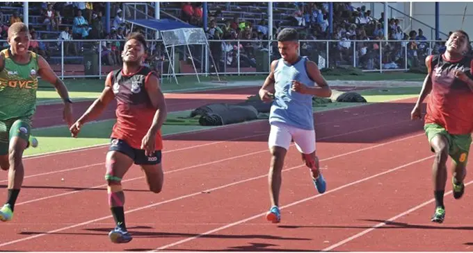 Ratu Navula College’s Simione Ratu (far left) wins the senior boys 100 metres final during the Nadi Zone at Churchill Park, Lautoka on March 29,2019. Photo: Waisea Nasokia 