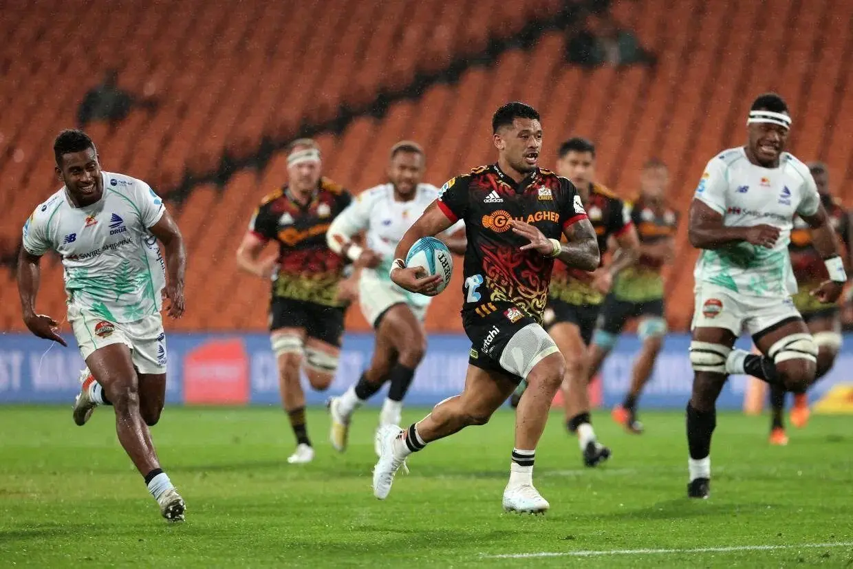 Etene Nanai-Seturo of the Chiefs makes a break against the Fijian Drua on March 16, 2024. Photo: Stuff  