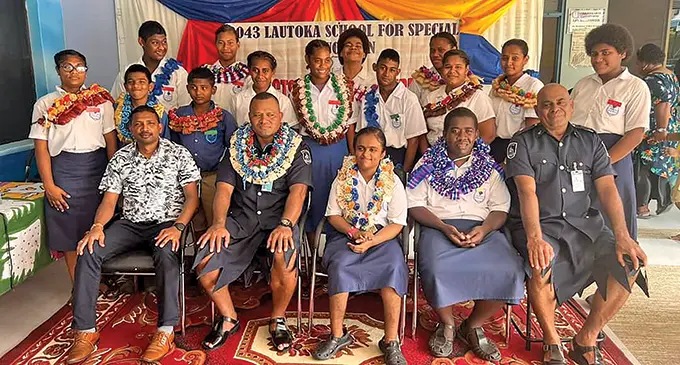 Front row, from left: Lautoka School for Special Education principal Kailash Pillay, Divisional Police Commander Western SSP Tomu Rasalato Bulimaibau, head girl Preshelta Gounder, head boy Curtis Funbana and the Lautoka Police Station Officer in Charge Acting Assistant Superintendent of Police, Meli Balekinakorovatu together with the school prefects following the annual prefects induction ceremony on May 20, 2022. Photo: Lautoka School for Special Education
