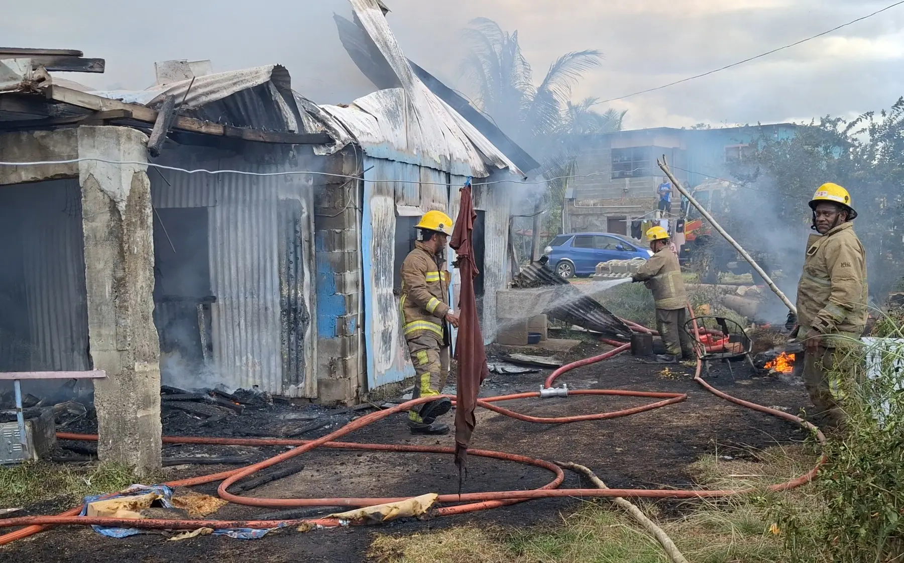 National Fire Authority firefighters contain a blaze at a double-storey house in Korovuto, Nadi, on October 22, 2026. 
