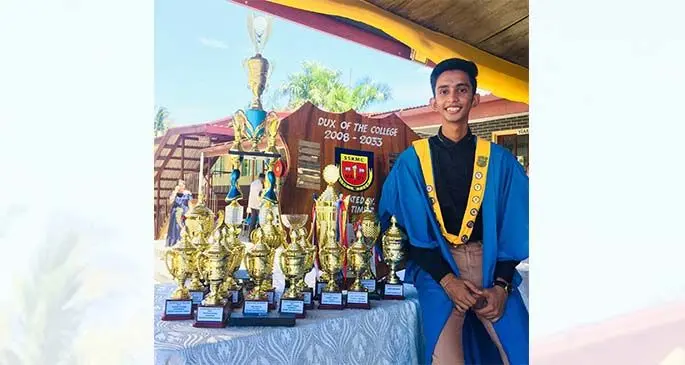 Kaveet Kavitesh Kumar with all his trophies.