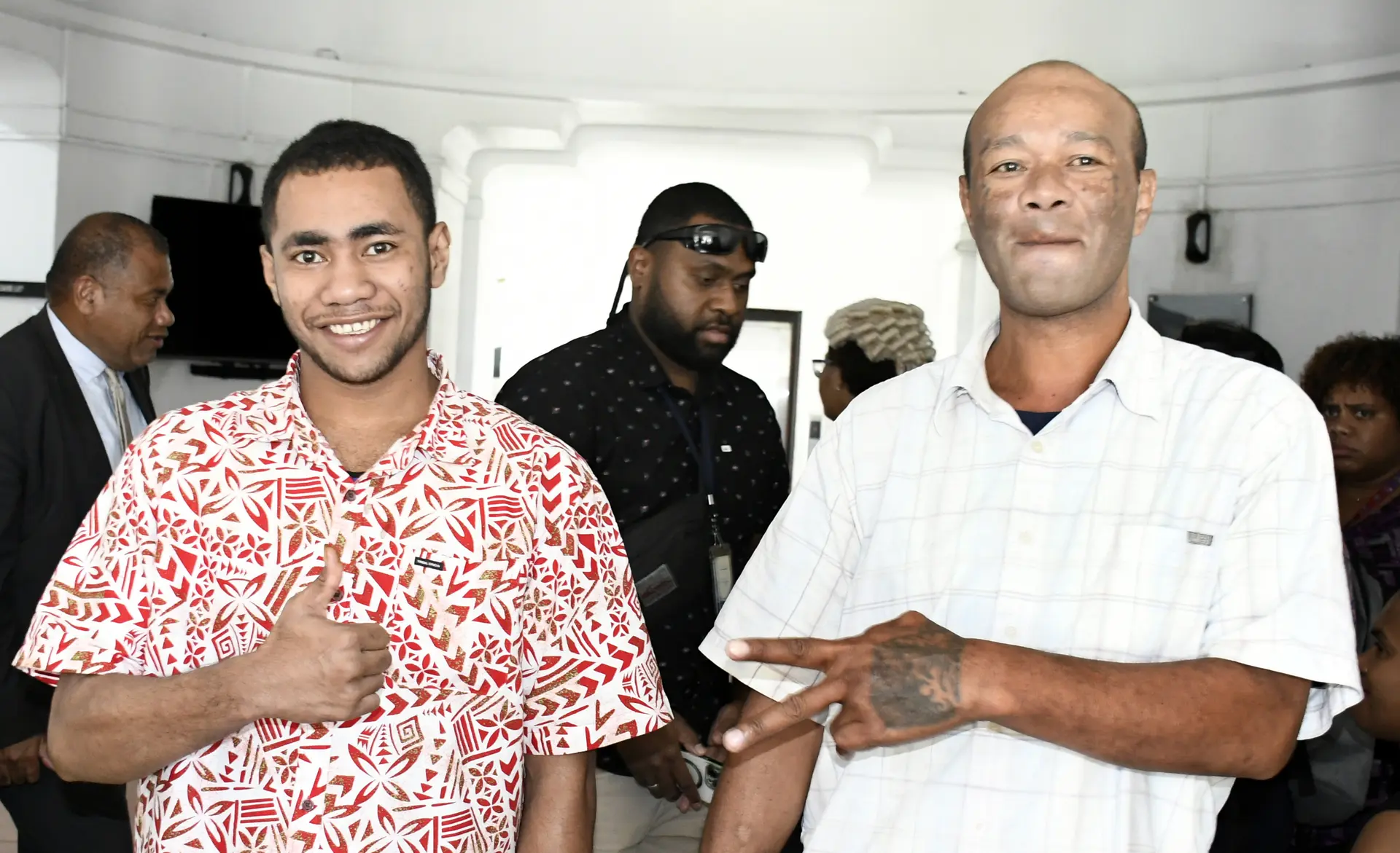  Jope Seniloli and Keni Salawai after they were discharged by High Court in Suva on May 22, 2026. 