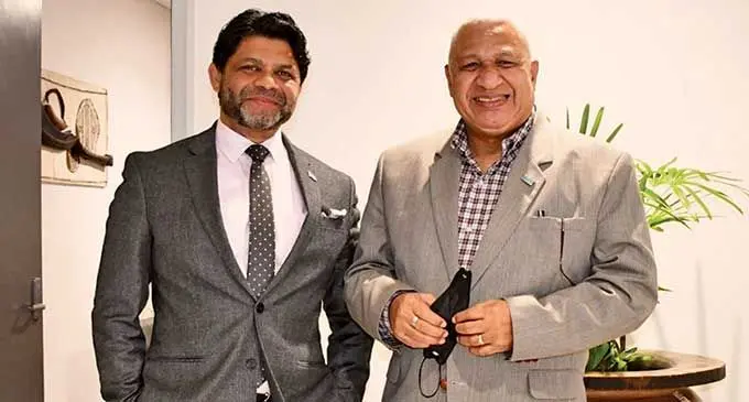 Attorney-General Aiyaz Sayed-Khaiyum (left), with Prime Minister Voreqe Bainimarama at the Nadi International Airport on  Wednesday, March 2, 2022. The PM has returned following a successful heart surgery in Melbourne, Australia.   Photo: DEPTFO News