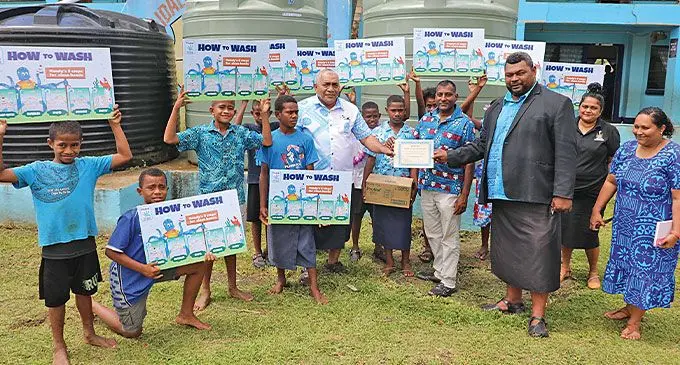 Students of Dawasamu District School after the handover of two 5,200 water tanks at the school in Tailevu. Photo: Ministry of Health and Medicval Services