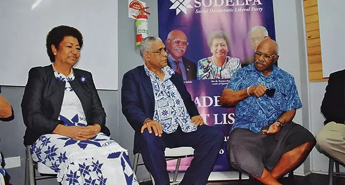 From left:  Opposition leader  Ro Teimumu Kepa, SODELPA Party president Ratu Naiqama Lalabalavu and SODELPA Party leader Sitiveni Rabuka in Suva on July 13, 2018. Photo: Facebook