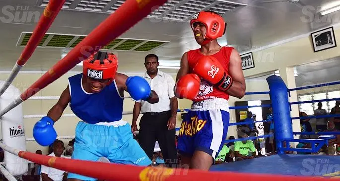 Kitione Ratu of the Jittu Boxing Stable (right) on the attack as Orisi Qicatabua of Newtown Boxing Club takes cover at the Commander Stan Brown’s Gymnasium in Waly Bay, Suva, on August 24, 2020. Qicatabua won on points. Photo: Simione Haravanua