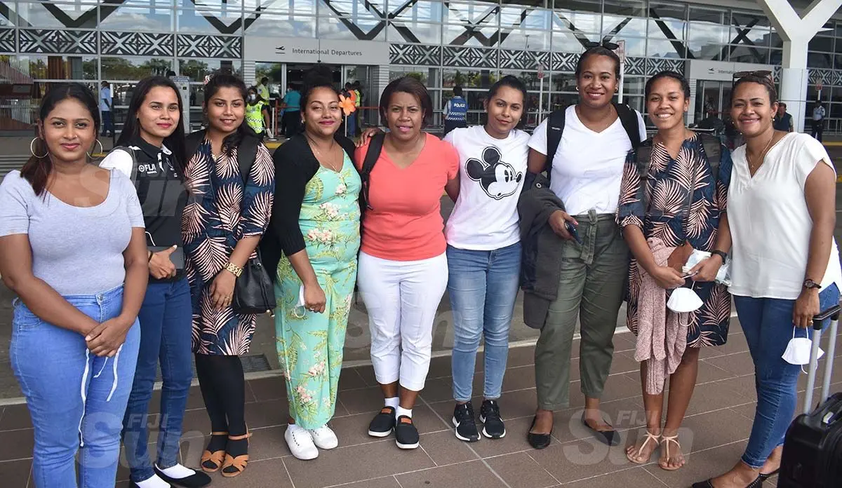From left: Nurses Ashna Reddy, Preetika Raj, Sweta Mudaliar, Rubina Singh, Nanise Raione, Swastika Kumar, Mereoni Diboro, Timaima Singh, Oni Williams at the Nadi International Airport on September 3, 2020. Photo: Waisea Nasokia
