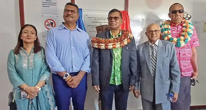 From left: Zeenat Khan with her husband, VanMed director Arveen Chandra, Minister for Finance Biman Prasad, Diagnostic and Specialist Medical director Doctor Ram Raju and Tui Wailevu Ratu Laisiasa Solodrau Niumataiwalu during the opening of the medical centre in Wailevu, Labasa on May 25, 2024. Photo: Shratika Naidu